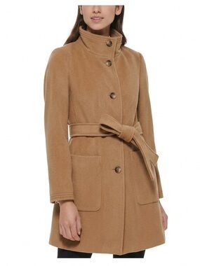 DKNY Stand-Collar Button-Front Belted Coat Camel M